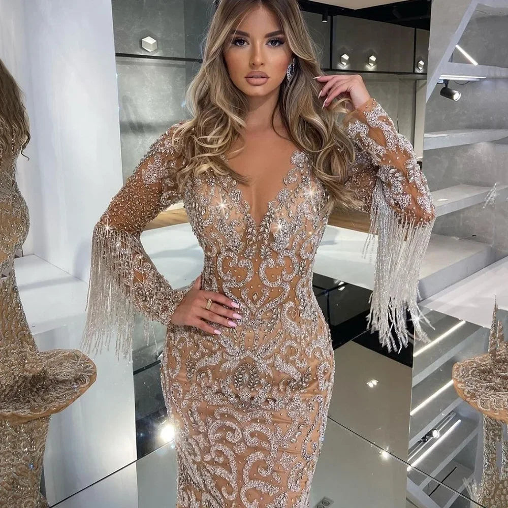 New Dress Long Sexy Elegant Fringed Gold