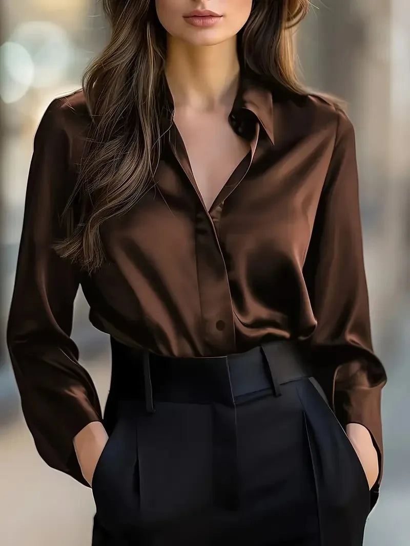 Shirt Brown Button-Elegant Fashion Office