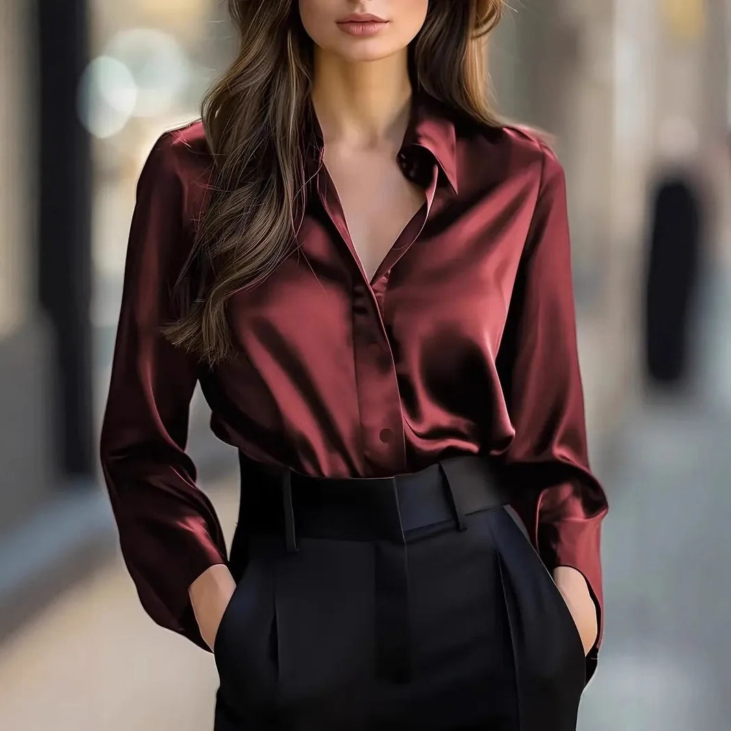 Shirt Brown Button-Elegant Fashion Office