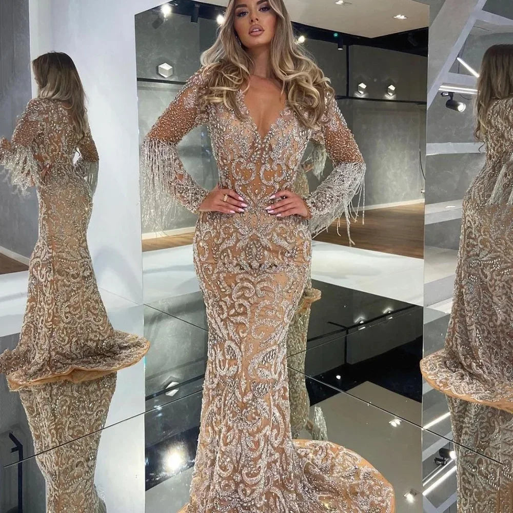 New Dress Long Sexy Elegant Fringed Gold