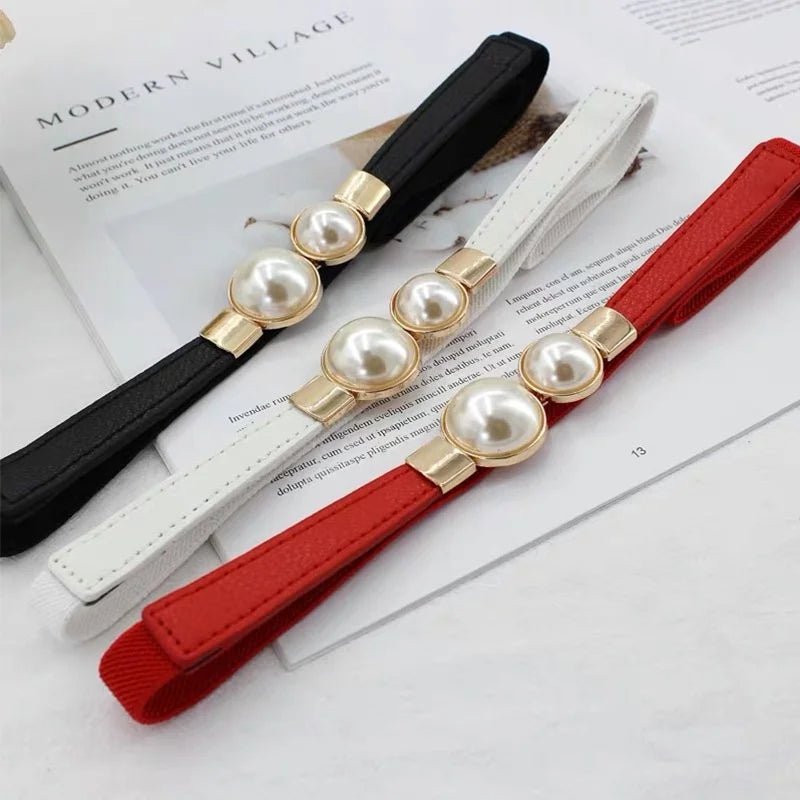 Elegant Pearls Buckle Elastic Belts