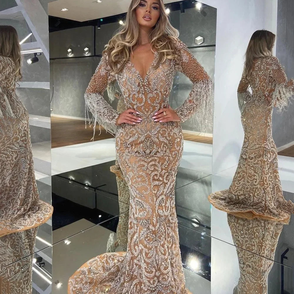 New Dress Long Sexy Elegant Fringed Gold