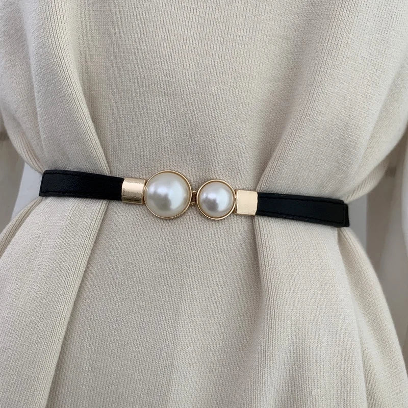 Elegant Pearls Buckle Elastic Belts